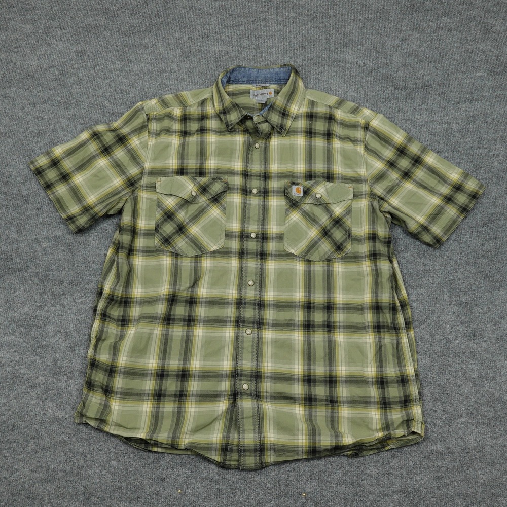 Carhartt Shirt Men Large Green Plaid Relaxed Fit Short Sleeve Pearl Snap Western